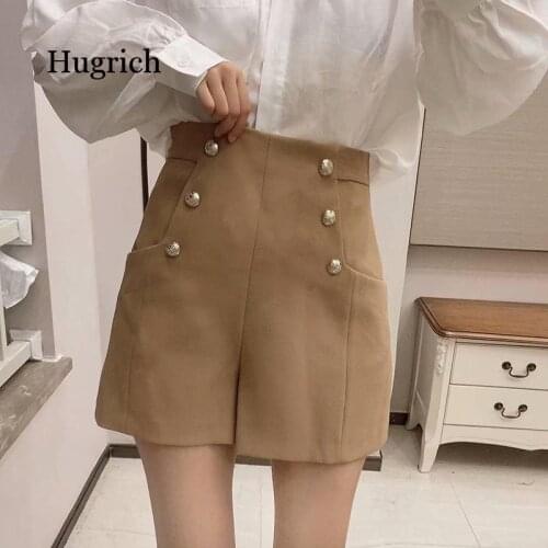 Women 2021 Chic Fashion with Pockets Decorative Buttons Shorts Vintage High Waist Back Zipper Female Short Pants Mujer