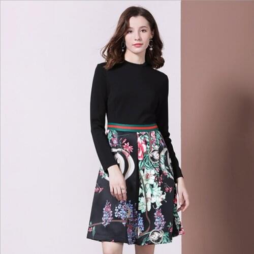 Female Spring And Summer 2021 New Round Neck Long Sleeve Printed Ladies Dress Womens Slim A-line Skirt Dresses Lady Clothing