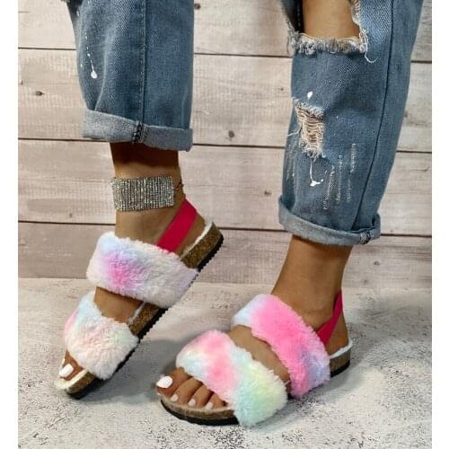 New Winter Slippers Plus Warm Fur Sandals Ladies Outdoor Slides Wlaking Fashion Furry Slippers Women Flat Footwear Big Size 43
