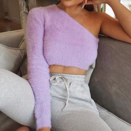 Sexy One Shoulder Tops For Women Asymmetrical T Shirt Women Purple Womens Tshirts Casual Long Sleeve Crop Top