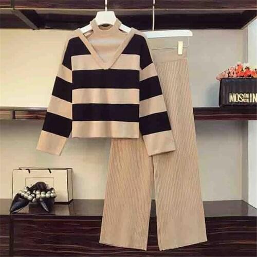 S-4XL Autumn Winter Knitted Two Piece Set Women Striped Halter Sweater + Elastic Waist Wide Leg Trousers Set Tracksui Pants Suit