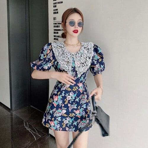 2021 Fashion Slim Floral Dress Vintage French Women Party Holiday Dresses Korean One-Piece Elegant Lady Dress Summer Mini Dress