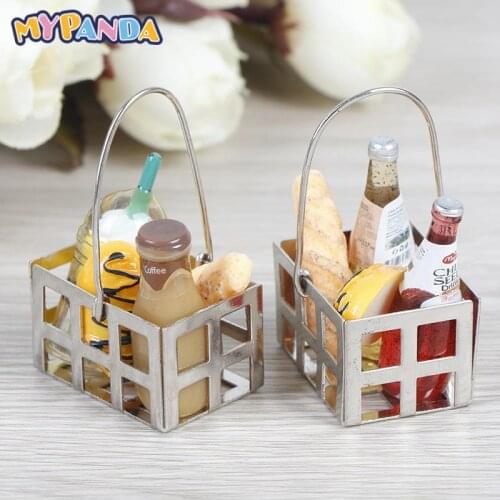1:12 Dinning Fruit Metal Coffee Wine Bread Milk Basket Dollhouse Miniature Food Toy Food Doll House Miniature Accessories 5pcs