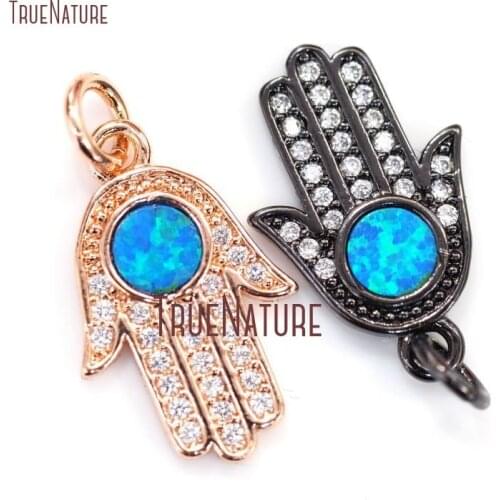 10Pcs Copper Charm Blue Round Shape Opal Clear Zircon Micro Inserts Gunmetal, Rose Gold Hand Hamsa Charm 16x11mm PM14081