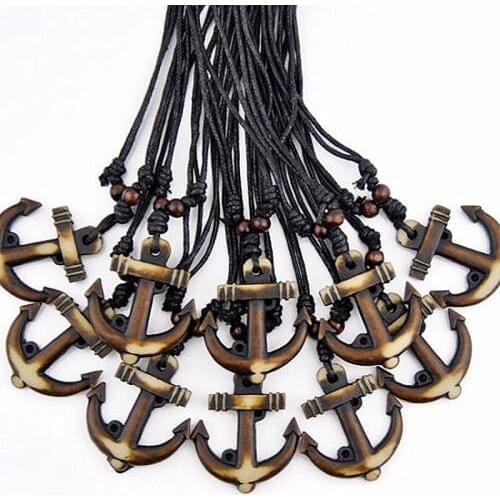 12pcs Navy Style Yak Bone Carved Sailor Anchor Pendant Necklace for Men Womens Fashion Jewelry MN521