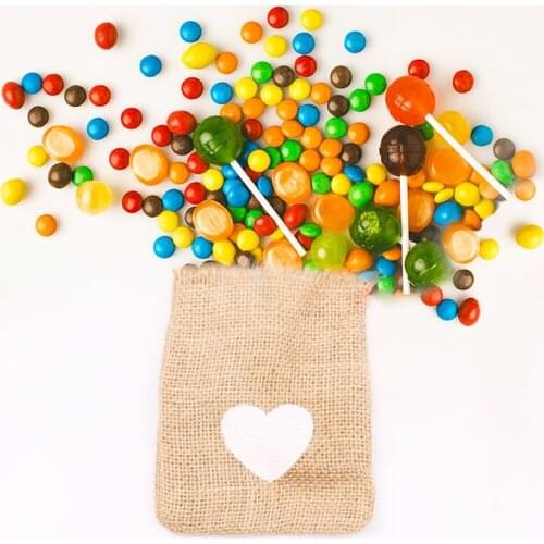 5PCS Natural Linen Candy Gift Bags Burlap Bag Jute Packaging Party Favor Heart Pattern Wedding Birthday Pouches