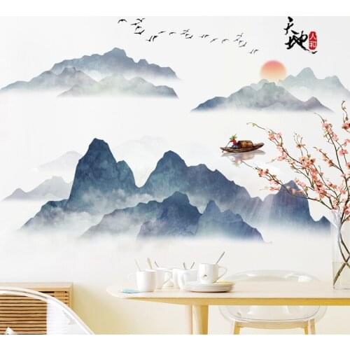 59*114cm Chinese Style Landscape Painting Wall Sticker Living Room Office Decoration Adhesive Poster Mural