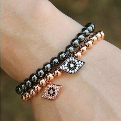 Ailatu Fashion Micro Pave Cubic Zirconia Turkish Blue Eyes Bracelet 6mm Color Keeping Bronze Beads Hot Sale