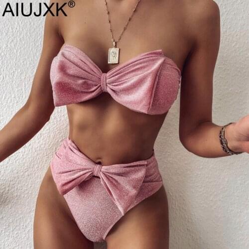 AIUJXK New 2020 Off Shoulder Glitter Bow-knot Swimsuit 2 Pieces Swimwear Summer Sexy Lingerie Female Bathing Suit Bra And Panty