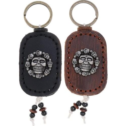 Genuine Leather Keychain Car Keys Ring Women Men Handmade Vintage Punk Alloy Skull Handbags Accessories