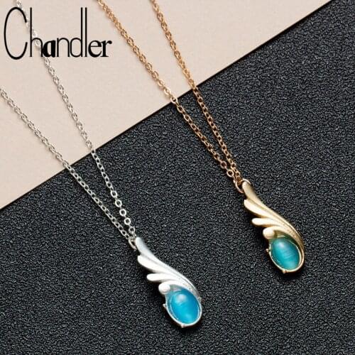 Chandler Wing With Opal Necklace October Blue stone Trendy Jewelry Modern Choker Jewelry Angel Wing Blue Stone Colier