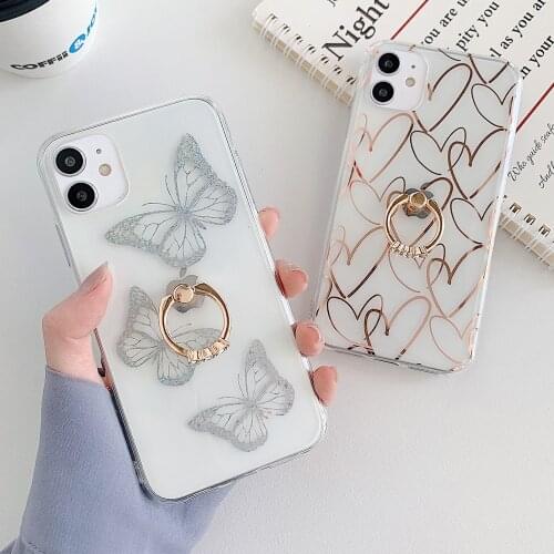 LACK Diamond Ring Stand Plating Love Heart Clear Phone Case For iphone 11 12 Pro Max X XR XS 7 8Plus SE2 Cute Butterfly Cover