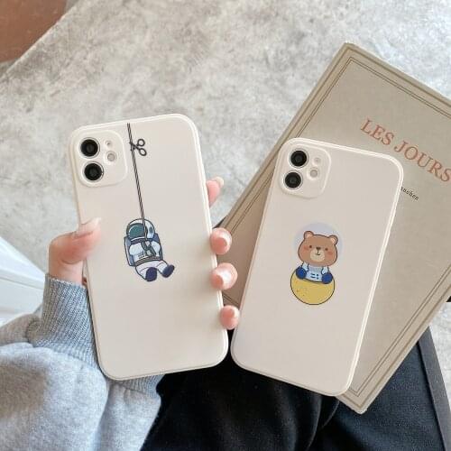 Cute Bear Cartoon Astronaut Phone Case For iPhone 11 12 Pro Max XR XS Max X 7 8 Plus Side Printing Soft TPU Lovely Back Cover