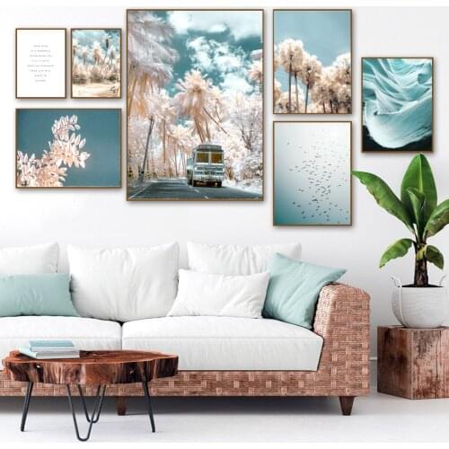 Blue Sky Cloud Road Bus Tree Leaf Quotes Wall Art Canvas Painting Nordic Poster And Prints Wall Pictures For Living Room Decor