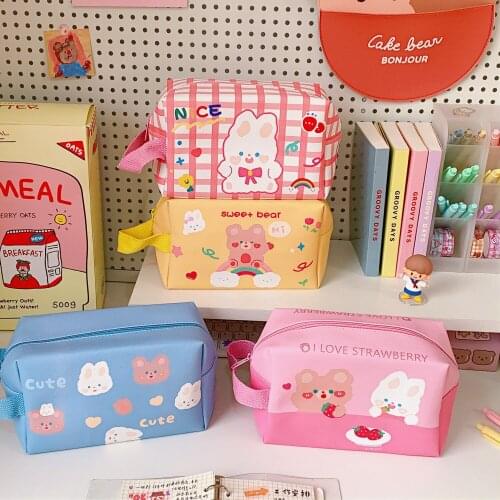 Big Capacity Leather Stationary Storage Bag Kawaii Bear Rabbit Makeup Pencil Case Cute School Stationery Supplies
