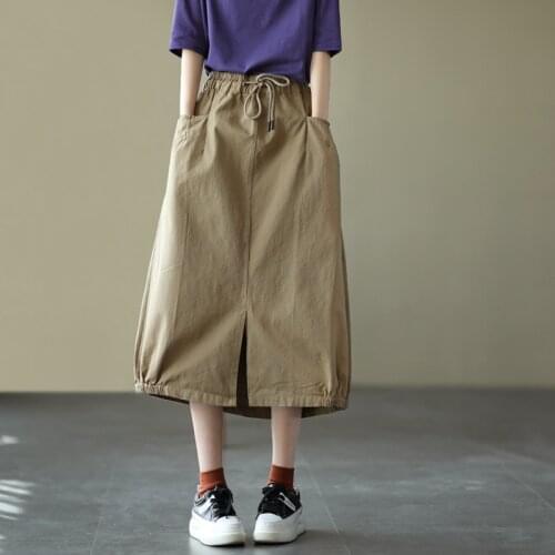 NINI WONDERLAND Spring Elastic Waist Midi Skirt 2021 Summer Women Split A-line Skirt Solid Color Cotton Vintage Retro Skirts