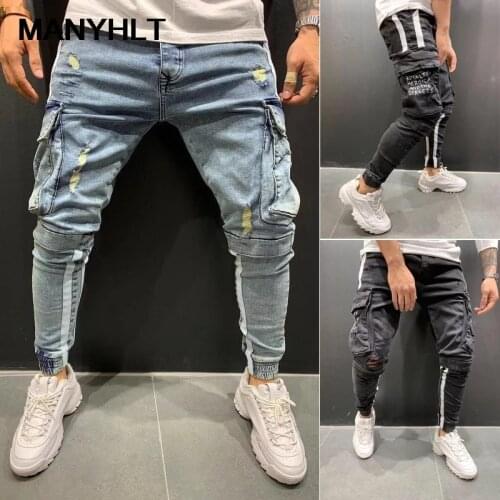 European And American New Mens Clothing Stretch Slim Jeans Trendy Knee Holes Fashion Casual Pants Foot Pants Streetwear Men