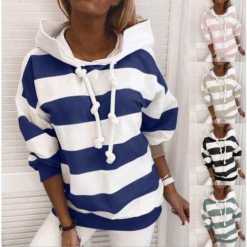 2021 Winter New Girls Stripe Casual Hoodie Sport Clothing For Females Long Sleeve Pullover Drawstring Loose Comfortable Top