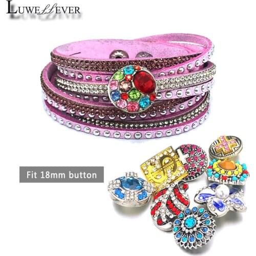 New Interchangeable Crystal 189 Rhinestones Velvet Leather Bracelet 18mm Snap Button Jewelry Charm Bangle For Women Gift 39cm