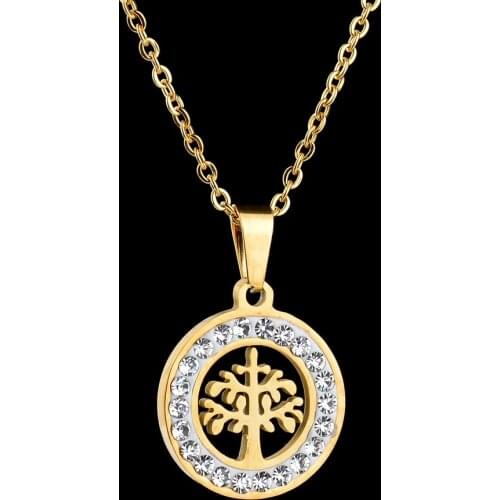 New Fashion Gold Color Tree Of Life Pendant Necklace Men Stainless Steel Crystal Round Necklaces For Women Drop Shipping