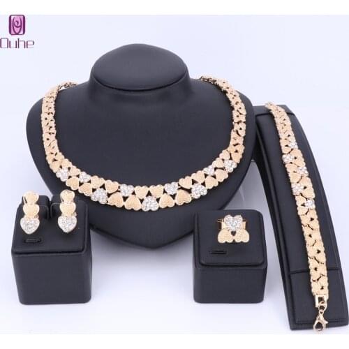 OUHE Gold Color Crystal Necklace Earrings Bracelet Ring Heart Shaped Sets For women Wedding Jewelry Bridal Charm