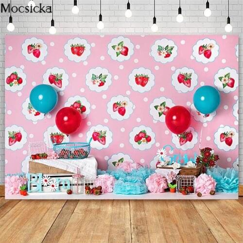 Fruit Strawberry Theme Photographic Studio Photo Backgrounds Pink Flowers Balloon Decoration Kids Birthday Cake Smash Backdrops