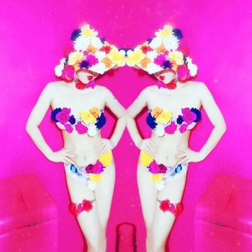 GOGO Show Sexy flower bikini costume DJ DS Jazz Dance Costumes nightclub bar stage dance singer clothing