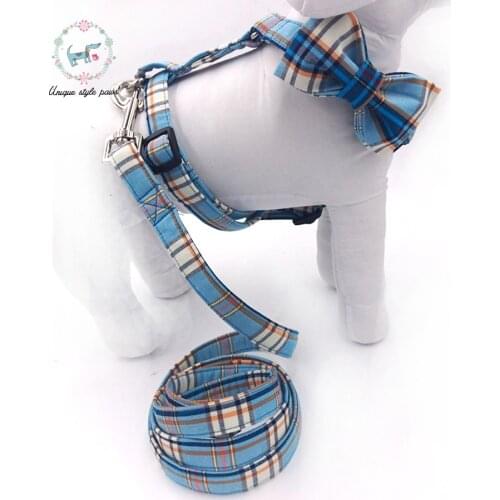 Dog harness with bowtie and basic dog leash blue plaid adjustable buckle pet supplies s,m,l