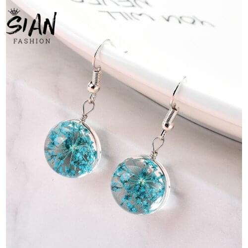 SIAN Charm Dried Flower Long Hook Earrings Glass Ball Pressed Flowers Multicolor Beautiful Elegant Earings Female Girls Jewelry