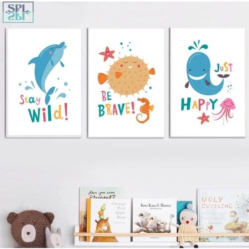 SPLSPL Dolphin Whale Fish Canvas Painting Wall Art Posters And Prints Cartoon Nordic Style Kids Decoration Pictures For Bedroom