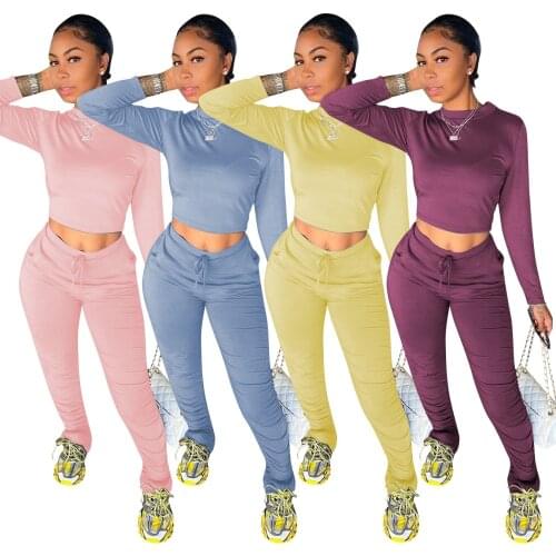 Sportwear Womens Tracksuit Solid Color Long Sleeve Tops Stacked Jogger Pants Suit Tracksuit Matching Set Casual Clothing