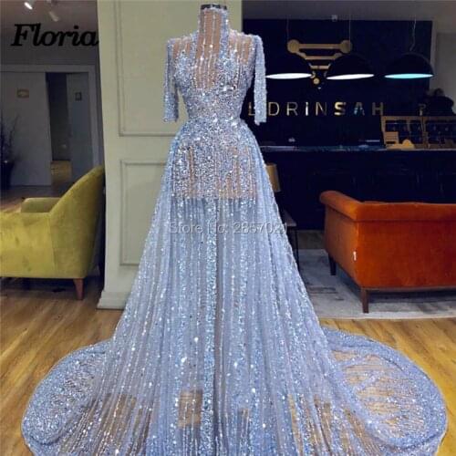 Generous Blue Beaded Evening Dresses With Transparent Dubai Turkish Prom Dress Arabic East Middle Party Gown Robe De Soiree 2019