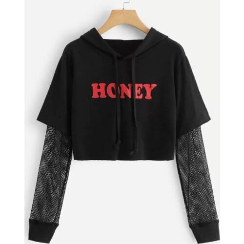 Hoodies Women Letters Mesh Long Sleeve Hoodie Sweatshirt Pullover Tops sudaderas para mujer bluza damska толстовка женская