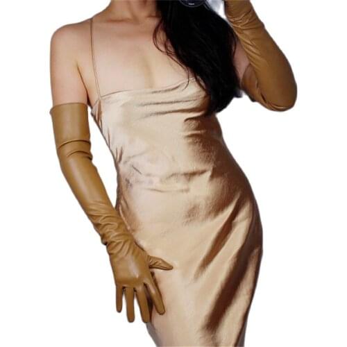 Extra Long Leather Gloves 60cm Long Simulation Leather Imitation Leather Sheepskin Khaki Color Light Brown Camel PUTS60