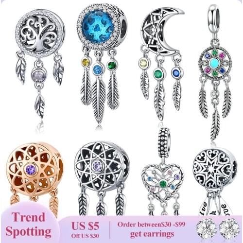 WOSTU Dream Catcher Charms Fit Original Bracelet Bangle 100% Real 925 Sterling Silver Pendant DIY Beads Necklace For Women