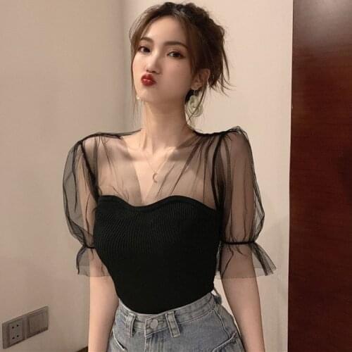 2019 Jul New womens V-neck net yarn stitching knitted shirt tops female girls slim sexy Puff short Sleeve Ruffles t-shirt G680