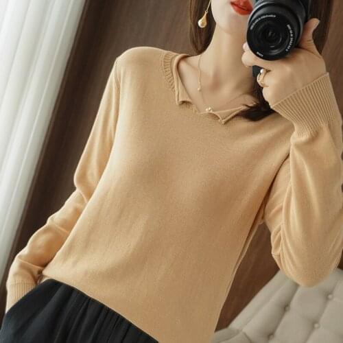 2021 New 100%Pure Cotton Knit Sweater Women Spring Long-Sleeved Plus Size Short Base Shirt Cotton Top Wear Thin Pullover Inside
