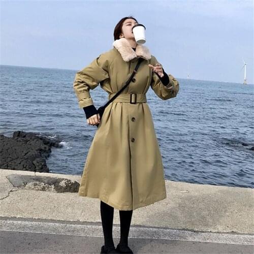 Winter womens cotton dress imitation plush lapel medium long over-knee cotton Clothes womens jacket