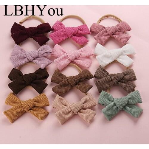 2019 New Corduroy Bows Nylon Headbands,Big Size School Girls Hand Tie Bowknot Nylon Head Bands,Children Hair Accessories 20 pcs