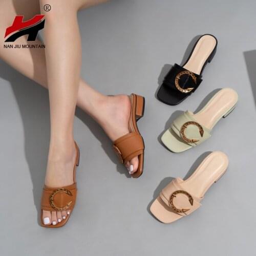 2021 Summer Slippers Women Flat Sandals Metal Button Square Head Shoes Solid Color Sandals Simple Woman Shoes Plus Size 42