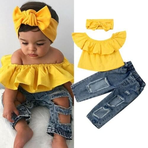 2020 New Summer Fashion Kids Baby Girl Off Shoulder Yellow Tops+Ripped Jeans Denim Pant 3Pcs Clothes Fashion Set Clothing
