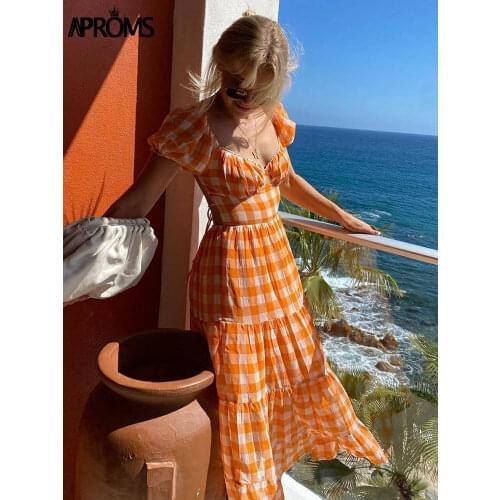 Aproms Elegant Orange Plaid Long Maxi Cotton Dress Women 2021 Summer Backless Tie Up Basic A-line Dresses High Fashion Sundress