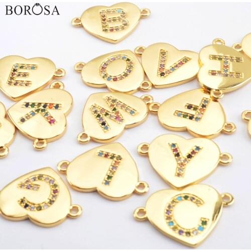 BOROSA Gold Heart Shape Letter Pendant Connector with CZ Diy for Women Bracelets&Necklace Jewelry Accessories WX1341