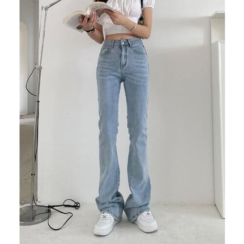 High Waist Stretch Spring And Summer Longer Jeans Women Light Blue Slim Denim Flare Pants Y2K Fashion Fall Trousers Female BK55