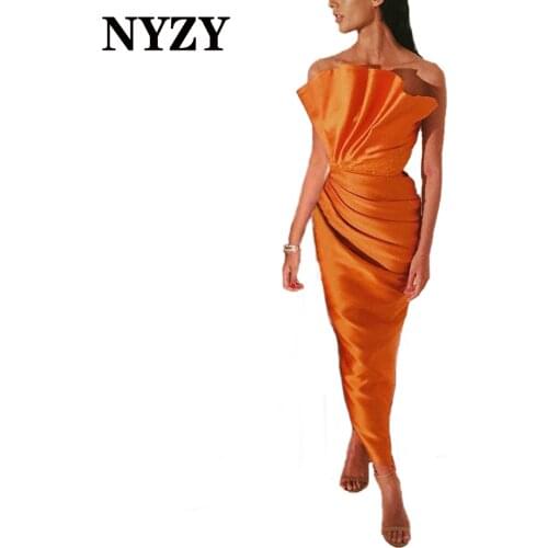 E401 NYZY Satin Sleeveless Mermaid Evening Dresses 2021 Orange Wedding Party Dress Prom Gown