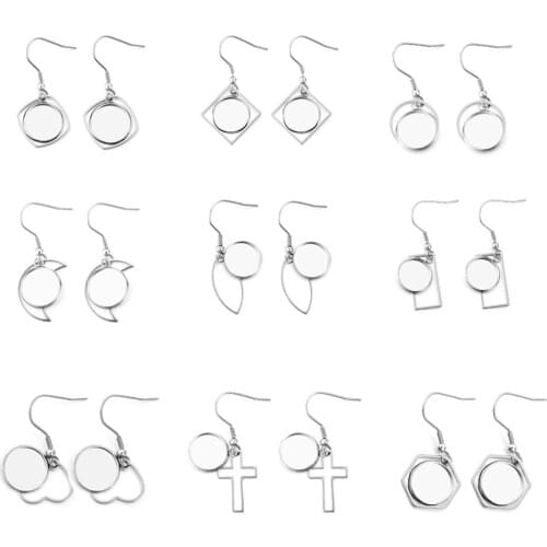 20Pcs/Lot 12mm Stainless Steel Geometric Bezel Charms with Tray Cabochon Earring Hook Base Blank Setting for DIY Jewelry Making