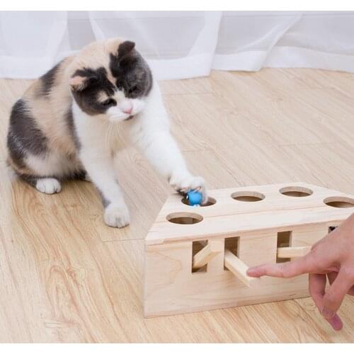Cat Hunt Toy Funny cat hit Hamster box With 3/5-holed Solid Wooden Interactive Funny Toy Chase Mouse