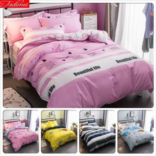 Pink Cute Kitty Cat Pattern Girl Kids Soft Skin Cotton Bedding Set 3pcs/4pcs Bed Linens Single Twin Queen Size Duvet Cover 1.35m