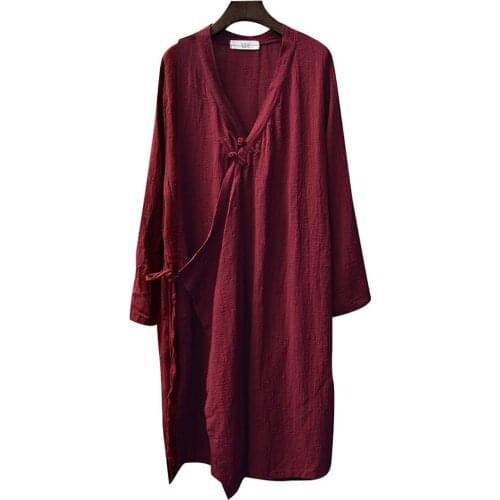 Liziqi Chinese Style Hanfu Wrap Front Tang Suit Long Sleeve Linen Cotton Flowey Daoist Robe Unisex Kung Fu Tai Chi Training