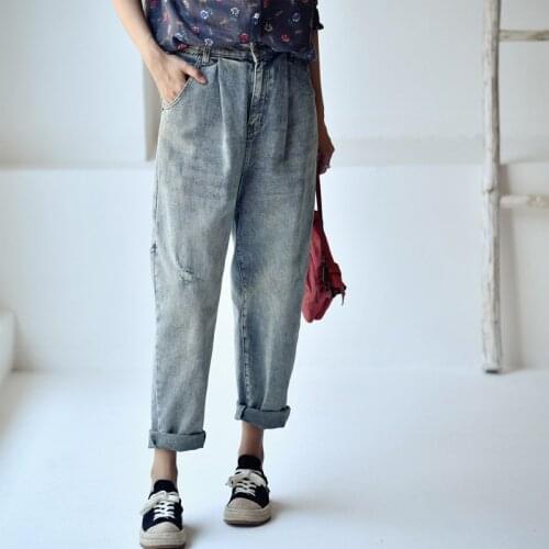 MICOCO N8113C Artistic wash makes old sense Comfortable loose high-waisted Ankle-Length Pants tapered jeans